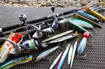 fishing tackle, popper and reel